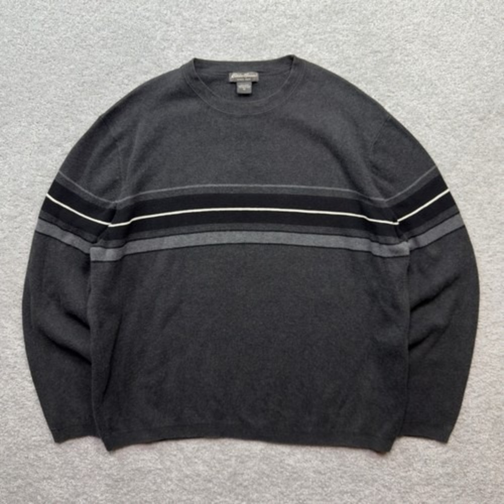 Eddie Bauer Sweater Men's XL Gray Striped 100% Cotton Crewneck Made in Australia